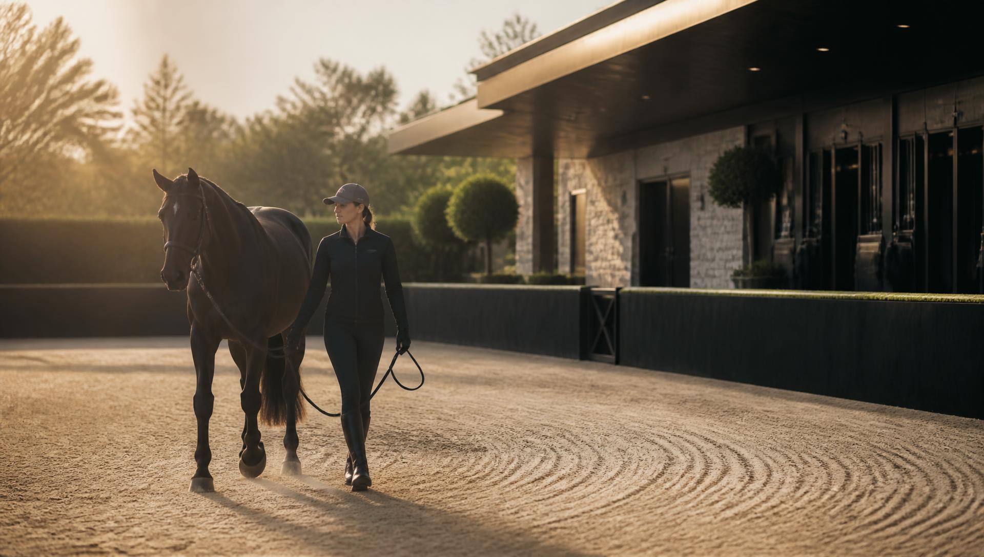 Rider walking a horse across the arena of a modern equestrian centre at golden hour